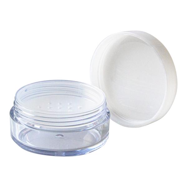 フェイスパウダー・ルースパウダーに最適な容器です。 穴あき中栓が付属しています。別売りの専用のパフもございます。 容器を軽く振り、中栓に適量のパウダーを出して使用するタイプです。 弊社製品シルクパウダーなどにおすすめです。[ パウダーケース...