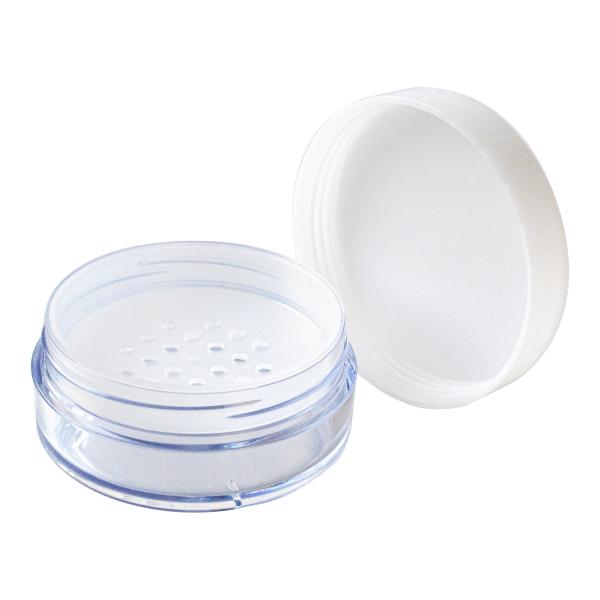 フェイスパウダー・ルースパウダーに最適な容器です。 穴あき中栓が付属しています。別売りの専用のパフもございます。 容器を軽く振り、中栓に適量のパウダーを出して使用するタイプです。 弊社製品シルクパウダーなどにおすすめです。[ パウダーケース...