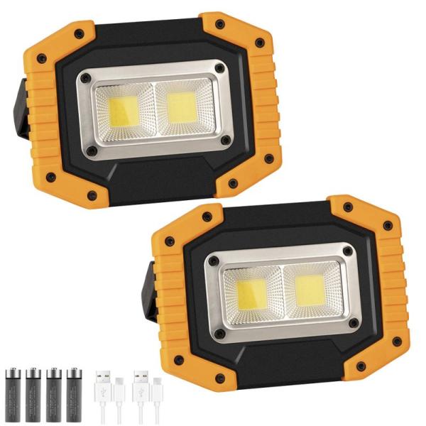 LED投光器,2パックCOB 30W 1500LM フラッドライト,３点灯モード、USB充電式、180°角度調整機能、防水ライト、自動車整備