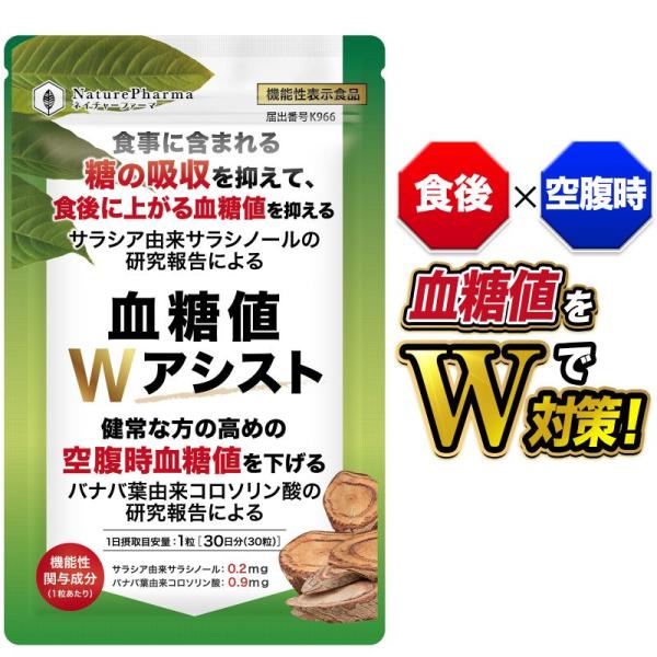 血糖値を下げる サプリ バナバ サラシア 血糖値Wアシスト 食後血糖値 空腹時血糖値 糖の吸収を抑える 機能性表示食品 桑の葉 ギムネマ イヌリン シナモン 30日分