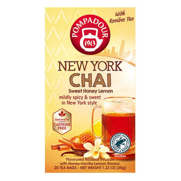 ●　ポンパドール　ニューヨークチャイ ルイボスティー　20ティーバッグスパイスとやさしい甘さが楽しめるノンカフェインの「ポンパドール　ニューヨークチャイ ルイボスティー」 新発売はちみつビッツやハーブの甘さとスパイスがやさしく香るノンカフェ...