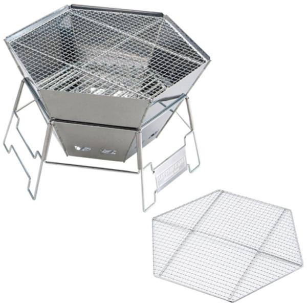 キャプテンスタッグ BBQ・七輪・焚火台 ヘキサ バーベキューアミ+ヘキサ ステンレス ファイアグリル 3~4人用【2点セット】 BBQ・七輪・焚火台 キャプテンスタッグ ヘキサ バーベキューアミ+