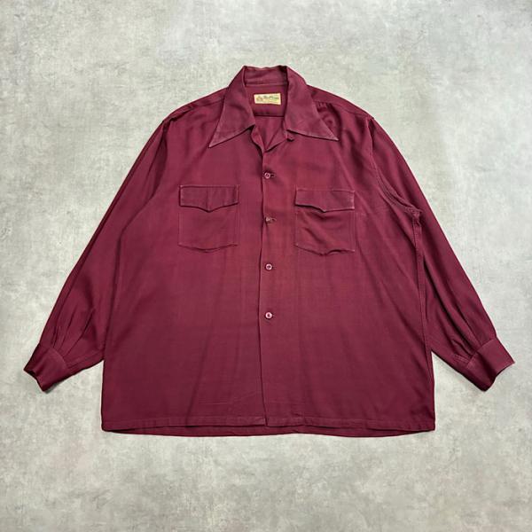 その他ブランド / MacPhergus/50s/ヴィンテージ/長袖シャツ/34/レーヨンギャバ/袋襟/NVY 50'S Mac Phergus Sports Wear Rayon Open Collar Box Shirt Burgundy
