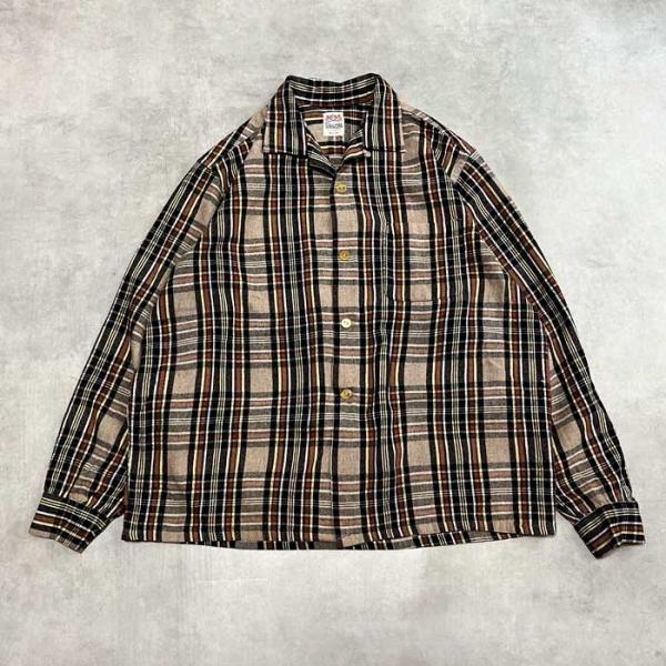 50'S CAMPUS Wool Open Collar Box Check Shirts BROWN MULTI/L 50年代