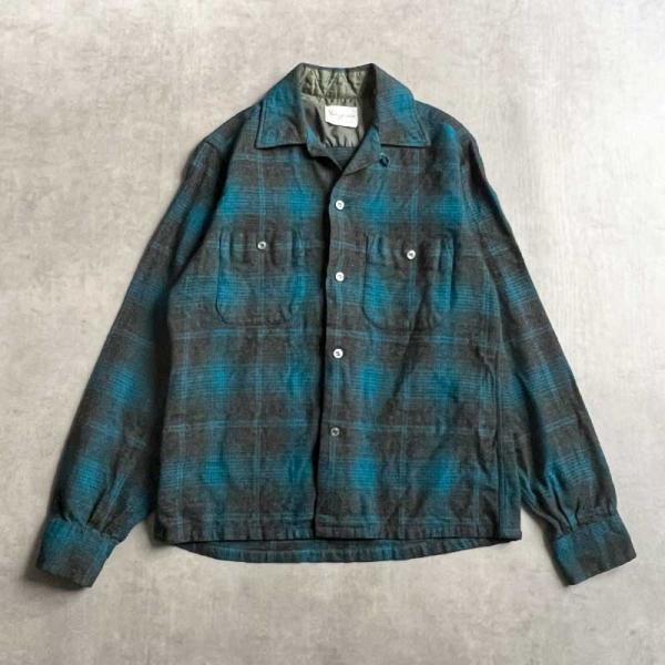 60'S VAN HEUSEN Wool Ombre Check Open Collar Box Shirts BLUE/S 60