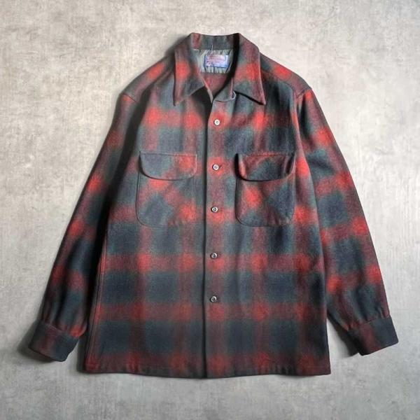 PENDLETON 70'S Wool Ombre Check Open Collar Box Shirts Made in USA