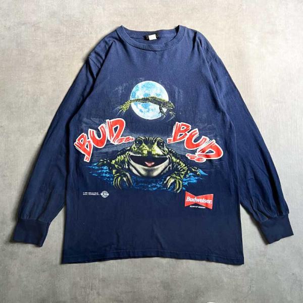 90'S BUDWISER Frog Print Long Sleeve T-Shirts NAVY/L Made in USA