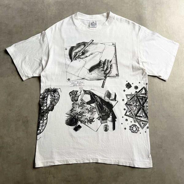 M.C. Escher アート ヴィンテージ　Tシャツ ホワイト 90'S M.C.ESCHER Multi Print T-Shirts Made in USA WHITE/L