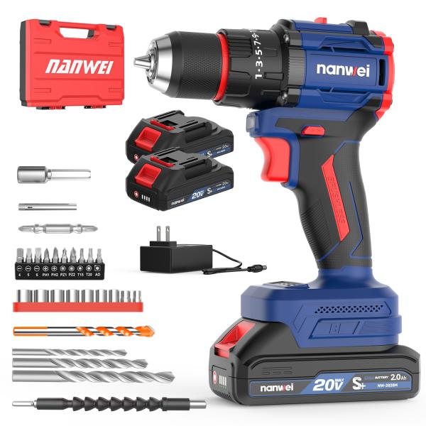 NANWEI 電動ドリルドライバー 充電式 ブラシレスモーター 21段階トルク調節 2スピードモード 無断変速 最大50Nm マキタ18Vバッテリー対応【2.0Ah電池セット】