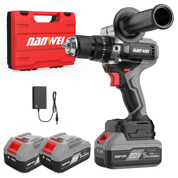 【商品内容】充電式振動ドリル本体、4.0Ahバッテリー×2、充電器、補助ハンドル（脱着可）、取扱説明書、収納ケース。※付属のバッテリーはNANWEI製品専用です。他社の電動工具には非対応です。【マキタ18Vバッテリー対応】18Vシリーズ：B...