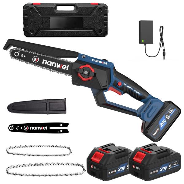 NANWEI チェーンソー充電式 8インチ ポンプ押し給油 電動チェーンソー ブラシレスモーター 4.0Ah電池2個付属 伐採・枝払い・庭木の剪定 マキタ18Vバッテリー対応