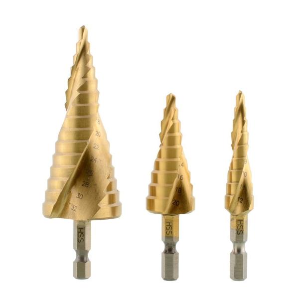 スパイラル ステップドリル タケノコ チタンコーティング 六角軸 豪華3本セット(布袋付)