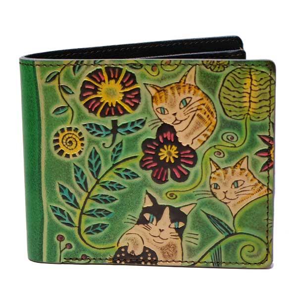 猫 革財布 手染め 二つ折り財布 薄型タイプ 猫と花（グリーン） Craft