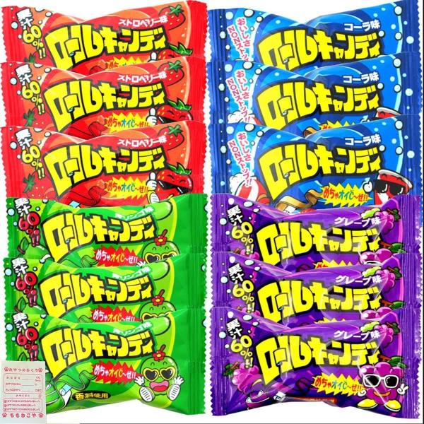 メーカー：やおきんロールキャンディ ストロベリー味、ロールキャンディ 青リンゴ味、ロールキャンディ コーラ味、ロールキャンディ グレープ味 各3個 計12個のセットです！長さ約50cm！クルクルっと巻いたシート状のソフトキャンディです！こち...