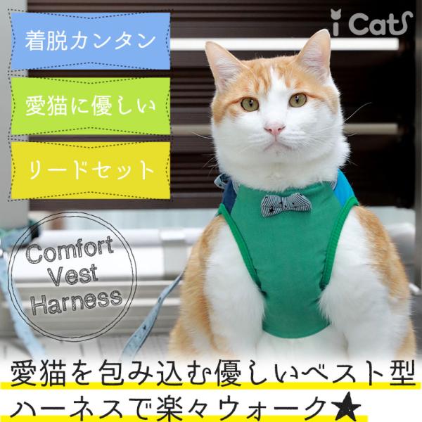 ハーネス　猫　ねこ　ネコ　リード付き 　ベスト型　iCat 猫用コンフォートハーネス リボンと切替ストライプスター