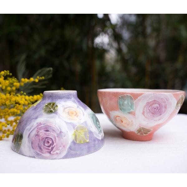 風花工房  彩バラ化粧 飯碗 おしゃれ かわいい カフェ   茶碗  花柄 日本製  陶器 和食器 食器 手描き プレゼント 贈り物 ギフト 母の日 敬老の日 誕生日