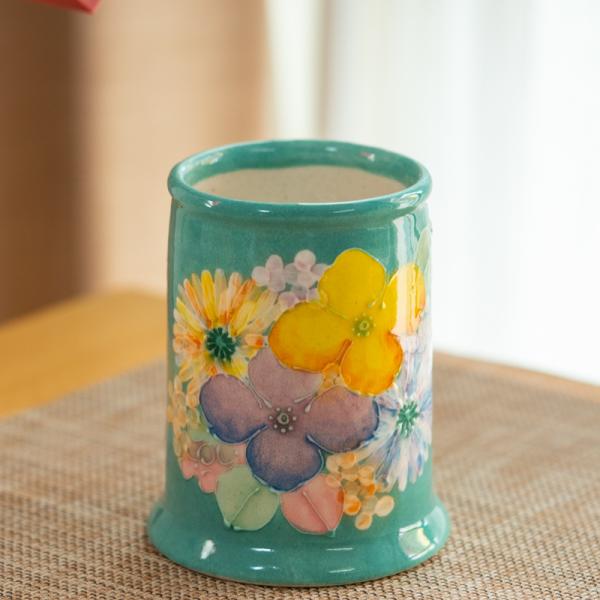 ゆずりは工房 瀬戸焼 彩優花　箸立 花器 おしゃれ かわいい  花柄 喫茶店   陶器 和食器 食器 手描き プレゼント 贈り物 ギフト 母の日 敬老の日 誕生日