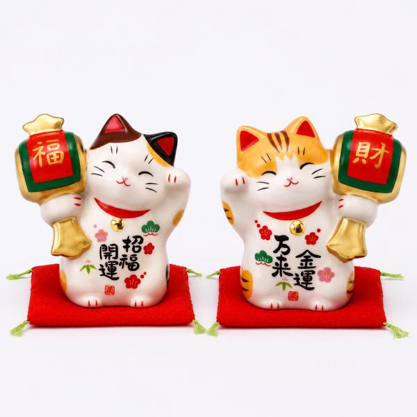 薬師窯 彩絵金運来福招き猫(鈴付・大)(貯金箱)　ディスプレイ 置物　和縁起物 新年　接客 開店祝い 海外プレゼント 贈り物
