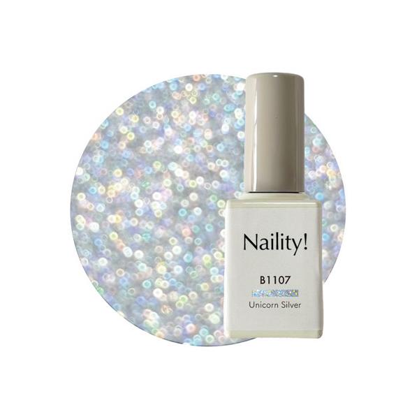 Naility!カラージェル ボトル(筆付き)タイプ　【カラー】B1107 ユニコーンシルバー　微細な偏光ラメが入ったシルバー系ユニコーンカラー　【内容量】6g　【仕様】ソークオフタイプ 硬化可能波長域 320-410nm 本品は雑貨となり...