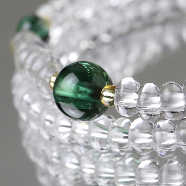 本式数珠と同じ108玉でお作りした、数珠ブレスレットでございます。素材は天然石の中で最もポピュラーな水晶と、透明感ある鮮やかな緑色が美しいグリーンクォーツを使用しております。水晶は年代問わず人気が高く、他の天然石とも合わせやすく、こちらは透...