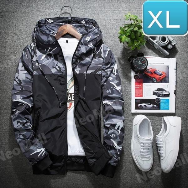 174】 迷彩 ウィンドブレーカー フード付き グレー XL メンズ ナイロン