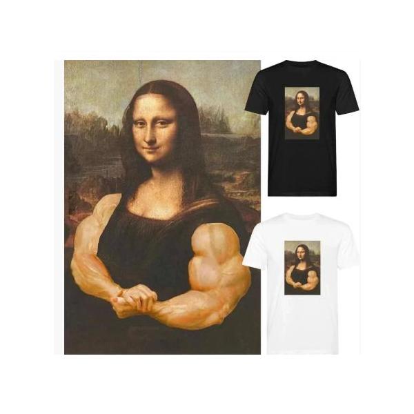 Tシャツ 丸首 半袖 Tシャツ【093】マッチョなモナリザ ホワイト / ブラック トップス シャツ シンプル イラスト プリント 春夏