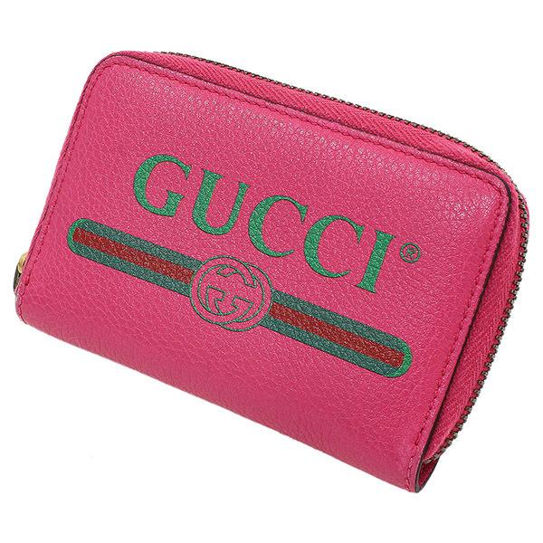 グッチ)GUCCI ロゴ プリント レザー ラウンド コインケース ピンク