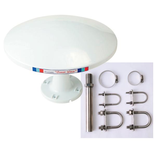 ■型式：HMA302MB■利得(受信感度)：UHF・VHF 34db■付属品：アッテネーター、同軸7M、AC→DCアダプター、自己融着テープ1巻、シガーソケット■寸法：W300mm/H195mm●アンテナ本体はマウントベースで固定。