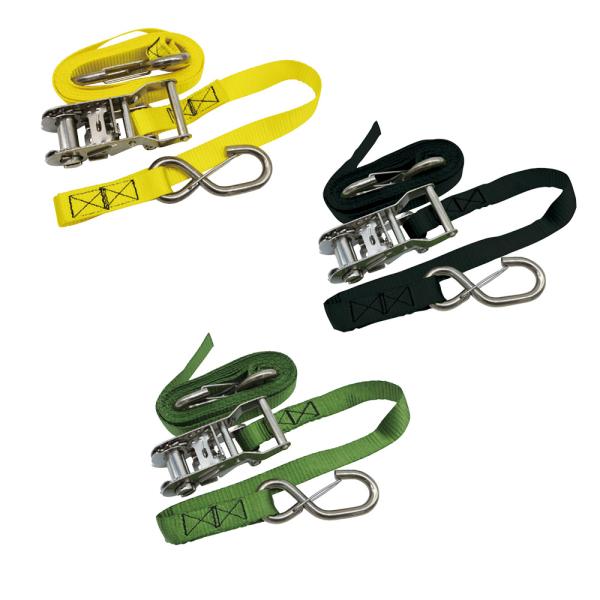 ■カラー：イエロー、グリーン、ブラック■本体ベルト：600mm■ベルト：2900mm■幅：25mm●フック部分を「かける」に「止める」をプラスすることにより固定する際のフック落下を防止でき、より簡単にそして確実に縛ることができる新しいステン...