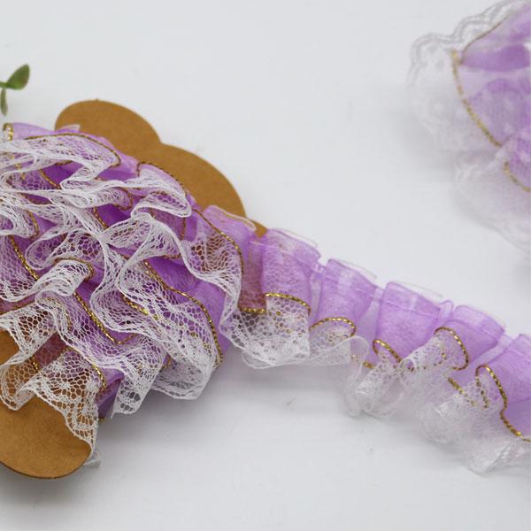 ( レース ) ラベンダーホワイト 二段フリルレース  │ 販売単位 10cm【 商用利用可 】+販売サイズ：3.5cm x 10cm+素材:　ポリエステル透け感のあるパープルのオーガンジーと, 繊細なホワイトレースを組み合わせ、エッジには...