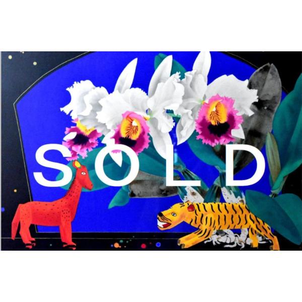 中島千波 「カトレアと虎と馬」 静物画 リトグラフ M12号 真