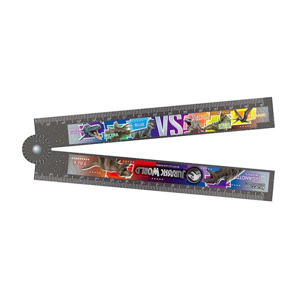 ジュラシックワールドから、恐竜がたくさん描かれたかっこいい新入学文具が登場！ペンケースにしまいやすい便利なおりたたみ定規！おりたたんでいると15cm、開くと30cm定規になります♪15度ごとにカチッと止まる分度器機能付き☆同シリーズで合わせ...