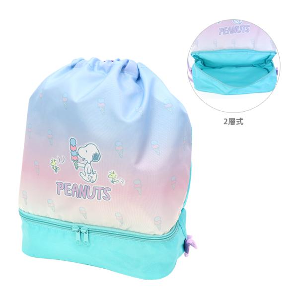 軽い素材で持ち歩きやすい二層式のナップサックです。2層に分かれた収納スペースでサンダルや濡れた物を分けて持ち運べます♪【仕様】サイズ：約W280×H400×D175mm材質：ポリエステルグッズ　かわいい　小学生　子ども　こども　子供　水泳　...