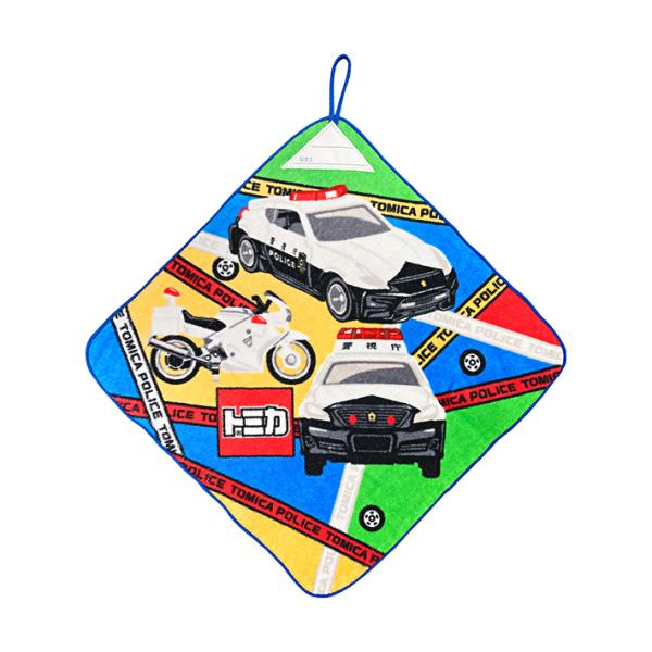 フックなどにかけられるループ付きのタオルです。オモテ面にはクラスや名前が書けるネームタグ付き◎新学期や新入学の準備やプレゼントにもおすすめです◎【仕様】・サイズ：約W340×H340mm・材質：綿100%車　パトカー　バイク　ハンカチ　ミニ...