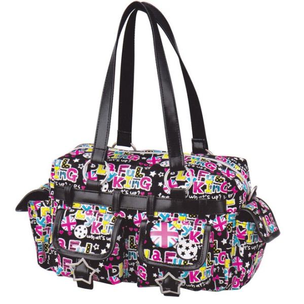 カラフルでかわいいロゴとキャラがプリントされたポップで楽しい2WAYの登場♪ラメプリントでキラキラきれいだよ！今大人気の缶バッチも付いていて可愛い！手さげ用の持ち手に加えて、付属の取り外し可能のショルダーベルトをつけで肩掛けバッグとしても使...