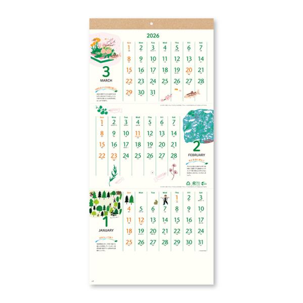新日本カレンダー 2026年 壁掛けカレンダー 3ヶ月カレンダー 水と緑を