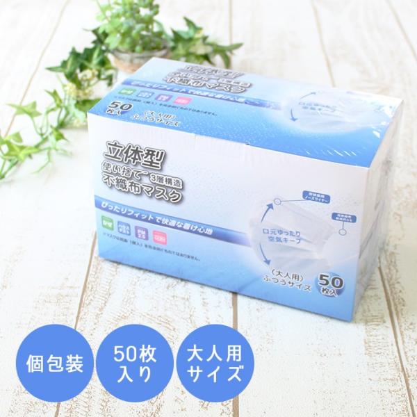 送料無料] 3層構造不織布マスク 1枚1枚個包装 50枚入り 大人用 ふつう