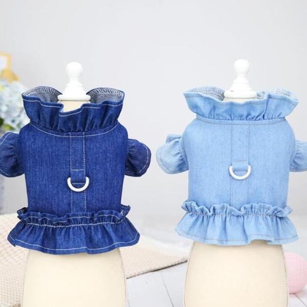 春服 新作 犬 服 小型犬 ★リードも付けれる ペット服 お出かけ お散歩 けん引 ワンピース かわいい ドッグウェア 韓国風 ペットウェア 犬 猫 服 デニム【a160】