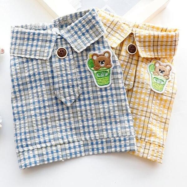 超可愛い! 小型犬用ペット服 お出かけ・お散歩用前開きシャツ ボタン付きで着させやすい くまアップリケドッグウェア 涼しい【a163】【送料無料】