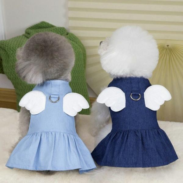 NEW! 超!可愛い 春夏 春犬服 春猫服 小型犬用 ワンピース 天使の羽 デニム風 スカート Dカン付き スナップボタン【a448】