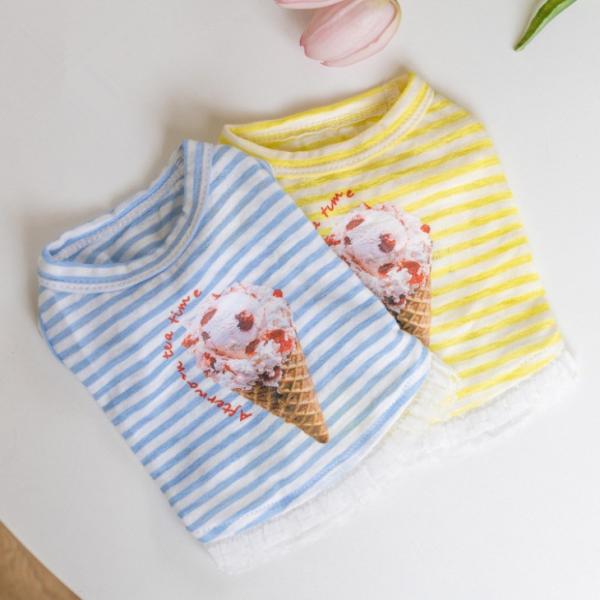 NEW! 超!可愛い 春夏 犬服 猫服 小型犬 袖なし ボーダー アイスクリーム タンクトップ レース シャツ プチプラ おしゃれ フード柄 春トップス【a457】