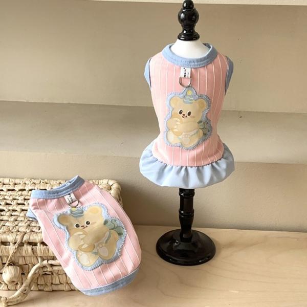 犬服 くま タンクトップ ワンピース Dカン ストライプ 小型犬 韓国風 ペットウェア 散歩 【a551】