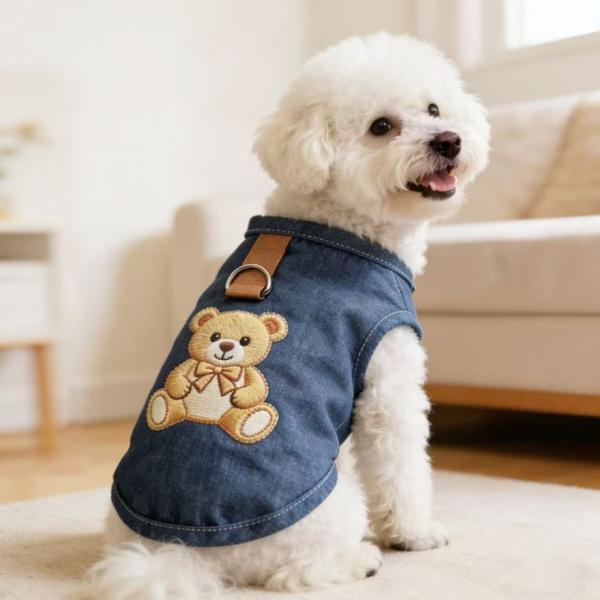 犬服 タンクトップ デニム風 プリント くま うさぎ 小型犬 カジュアル 【a560】