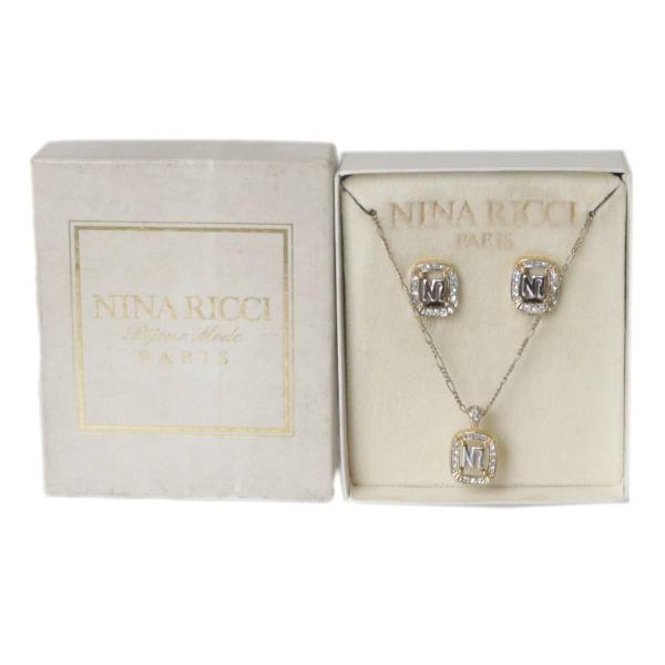 NINA RICCI ニナリッチ ロゴ ラインストーン ネックレス イヤリング セット  首周り約38~42cm トップ：全長22.8mm×幅13.3(mm) NT Bランク