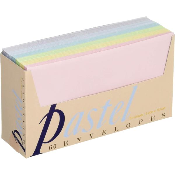 パステルカラーの封筒、洋7 封筒(内カスマ貼り)、60枚入り/サクラ・レモン・ワカクサ・ミズ・アジサイ・フジ(各色10枚)●【サイズ】洋7サイズ/内カマス貼り 165×92mm(定形)●【シリーズ】ASSORT PASTEL(アソートパステ...