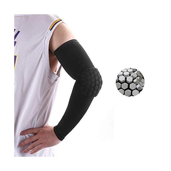 肘 アーム 腕 サポーター アームカバー アームスリーブ 肘関節 保護パッド付 通気性 吸湿排汗速乾 バスケットボール バレーボール (黒, LL)