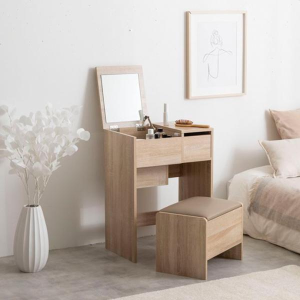 ■商品説明コンパクトでベーシックデザインが特徴的なコンパクトドレッサー。■サイズ【ドレッサー】幅50.2cm×奥行35.2cm×高さ70cm【スツール】幅42.7cm×奥行29.5cm×高さ35cm■素材【ドレッサー】ホワイト：パーティクル...