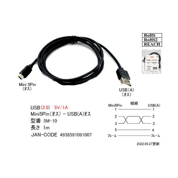 5M-10（旧AB-10H） 　USB 2.0　A -Mini5pin（オス/オス）　