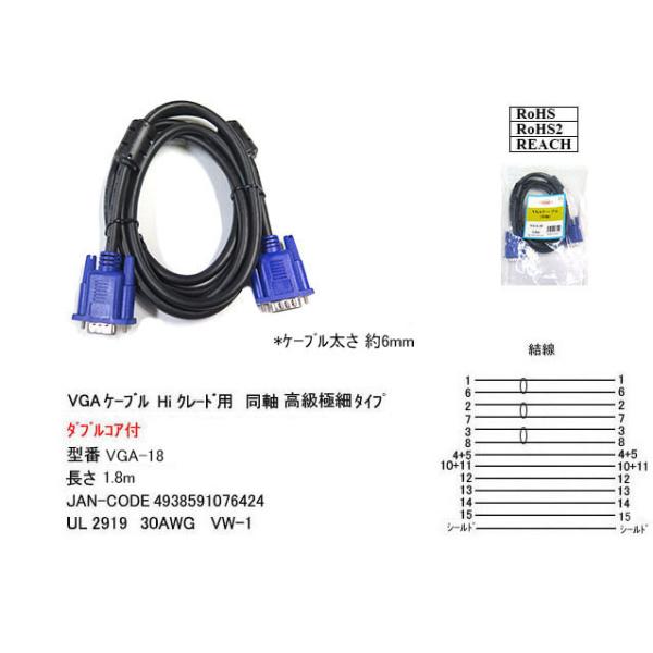 VGA　Hi-グレード　 1.8m   同軸75オ−ム　タブルコア付  太さ 5.5mm  1.8m