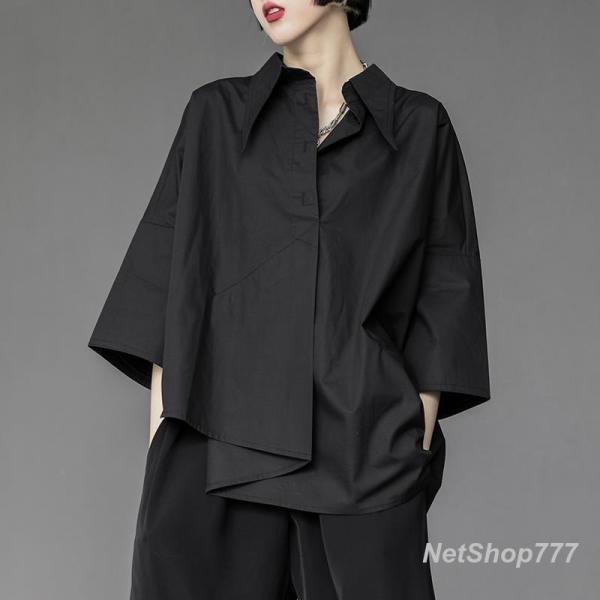 シャツ レディース 春物 夏服 七分袖 春夏 アジアンブラウス 不規則 シャツブラウス フォーマル vネック おしゃれ 袖口ボタン付き 黒シャツ プルオーバー トップ